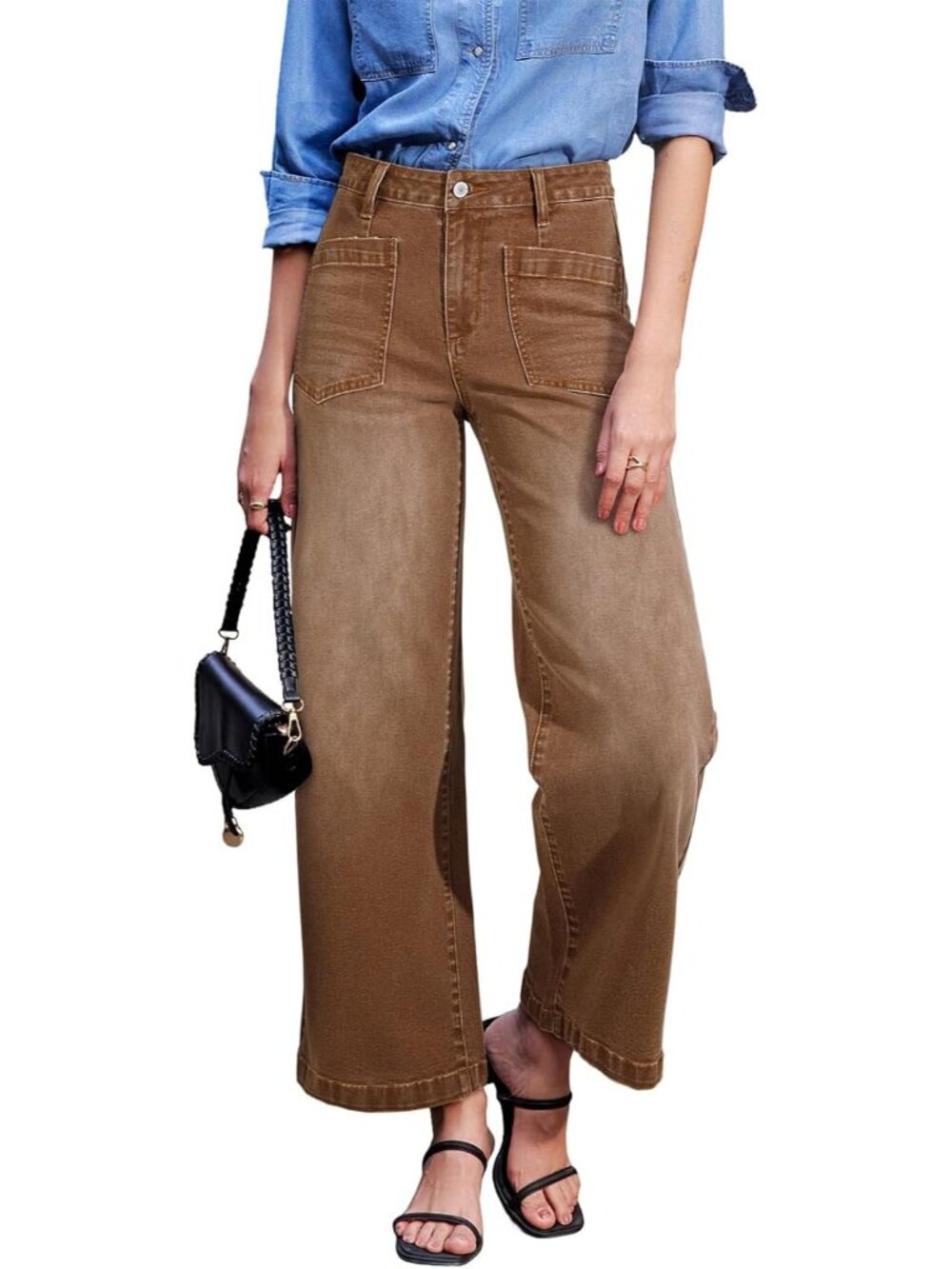 Women's Brown Wide Leg Jeans High Waisted Stretchy Stylish Ankle Denim Pant